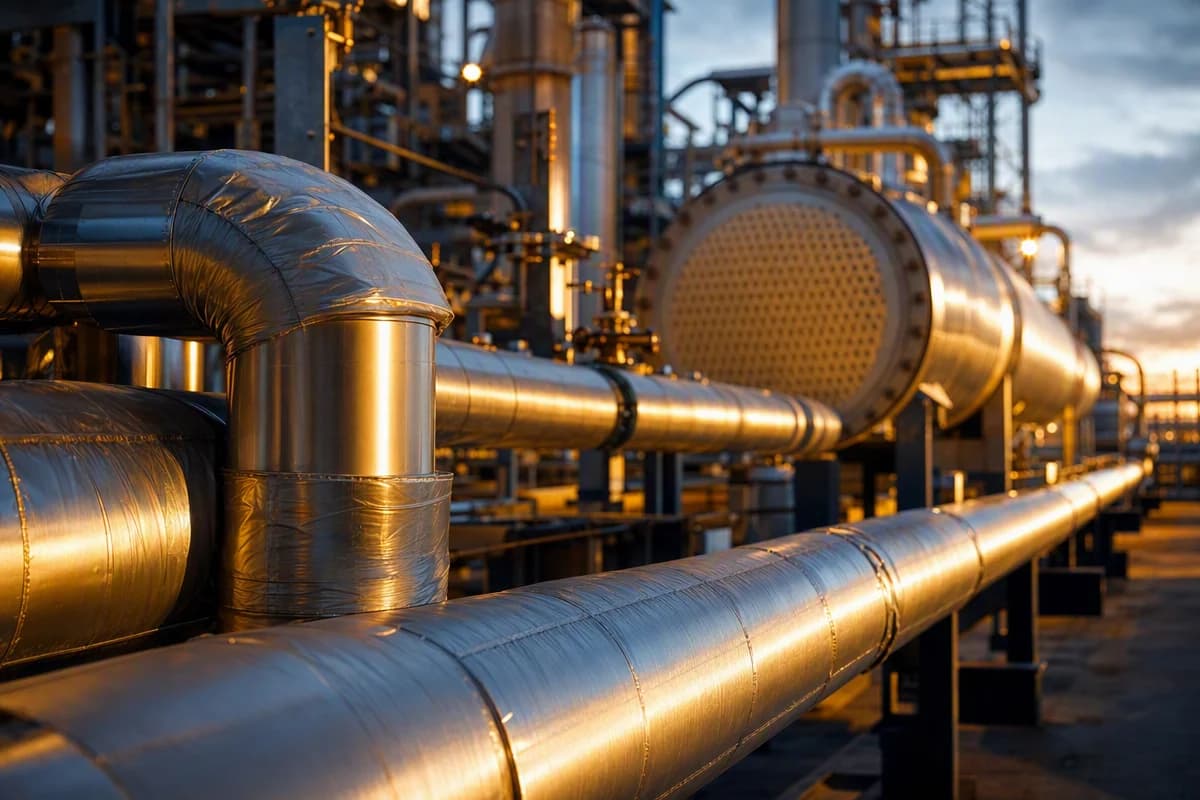 Insulated thermal oil pipework with a warm industrial glow, suggestive of high-temperature process heating