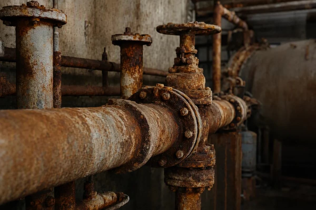 Corroded pipework and valves in a legacy brine refrigeration plant room
