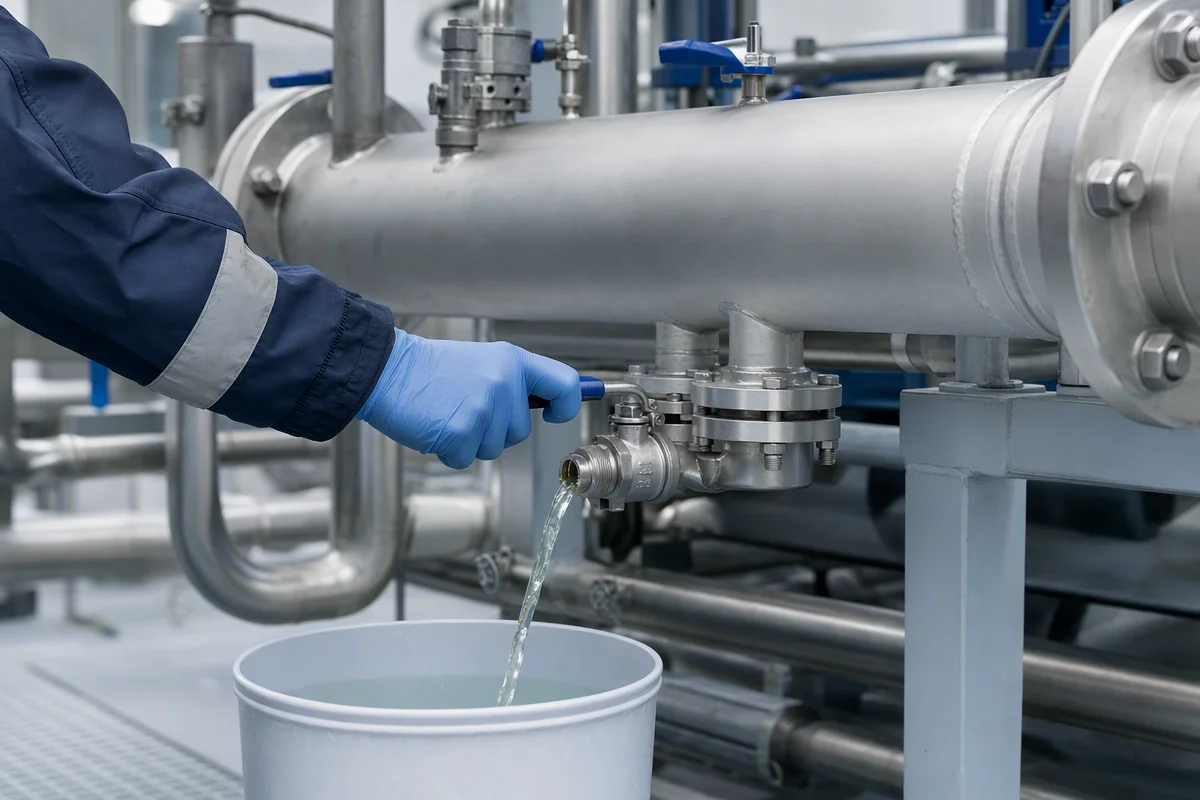 Industrial pipework being drained during a coolant changeover procedure