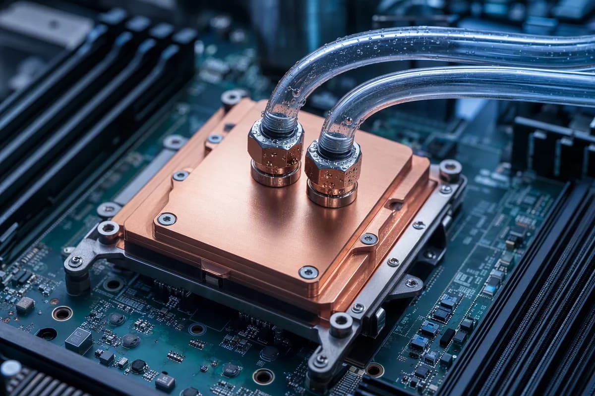 A direct-to-chip cold plate assembly with coolant tubing connected at the fittings