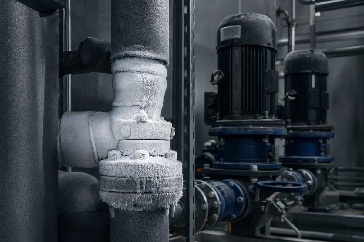 Insulated pipework and a pump set serving a cold storage refrigeration plant room