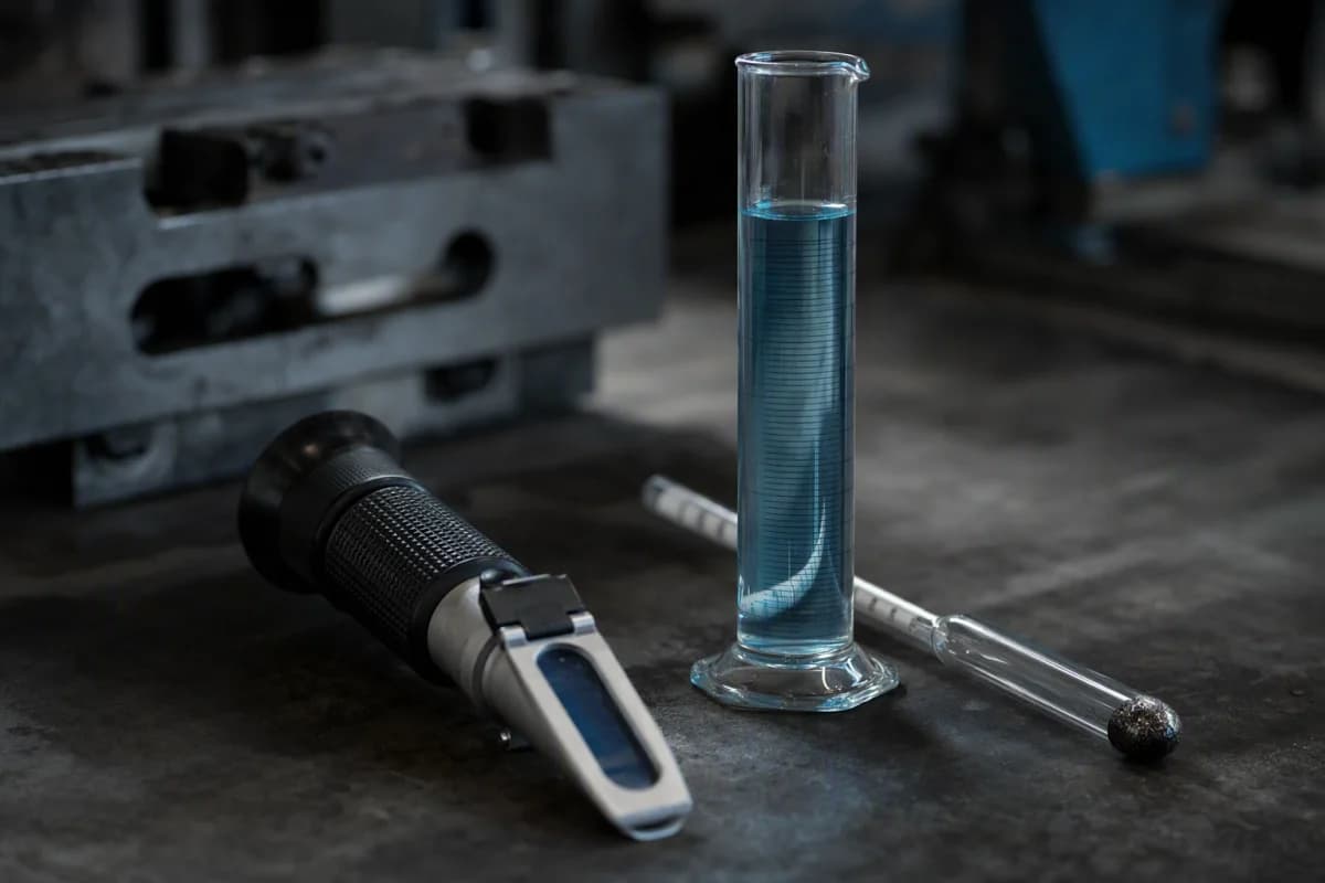 A refractometer and hydrometer reading a sample of coolant beside a measuring cylinder