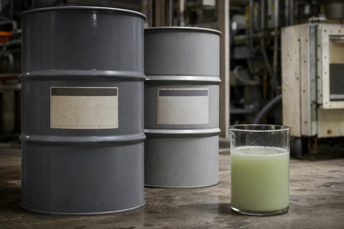 Two drums of coolant and a beaker of blended fluid on an industrial plant room floor