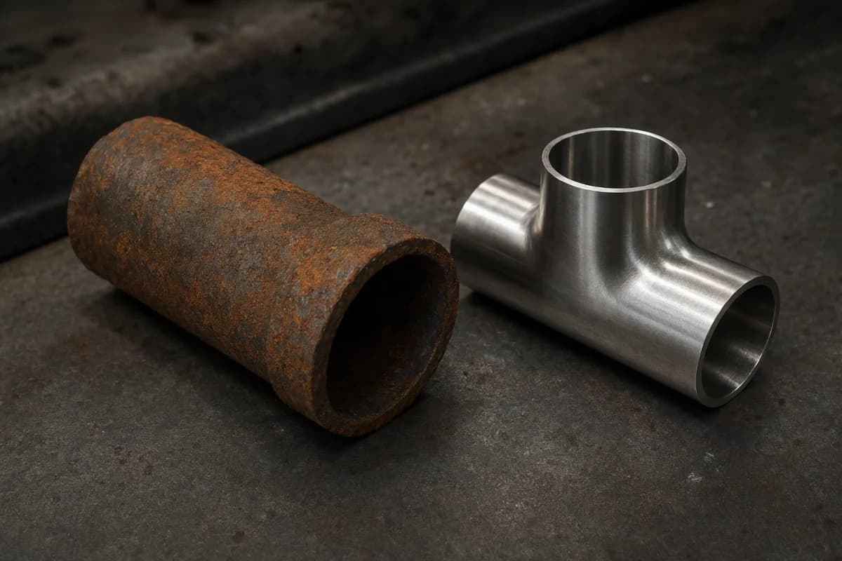 Corroded carbon steel pipe section beside a clean stainless steel fitting, illustrating material-dependent corrosion