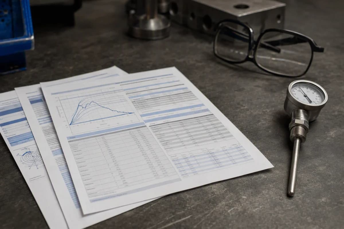 A printed technical datasheet and specification sheets beside a laboratory thermometer on a dark bench