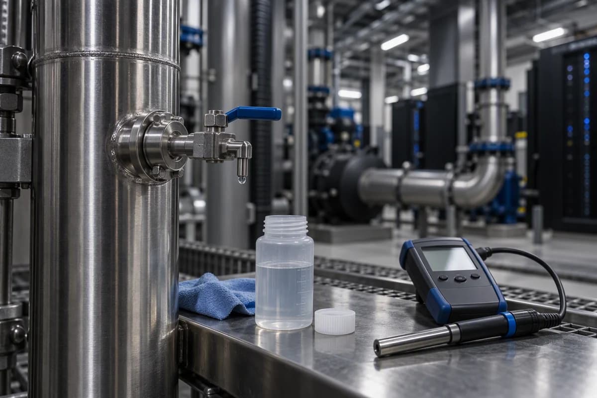 A coolant sampling point and monitoring instruments on a data centre cooling loop