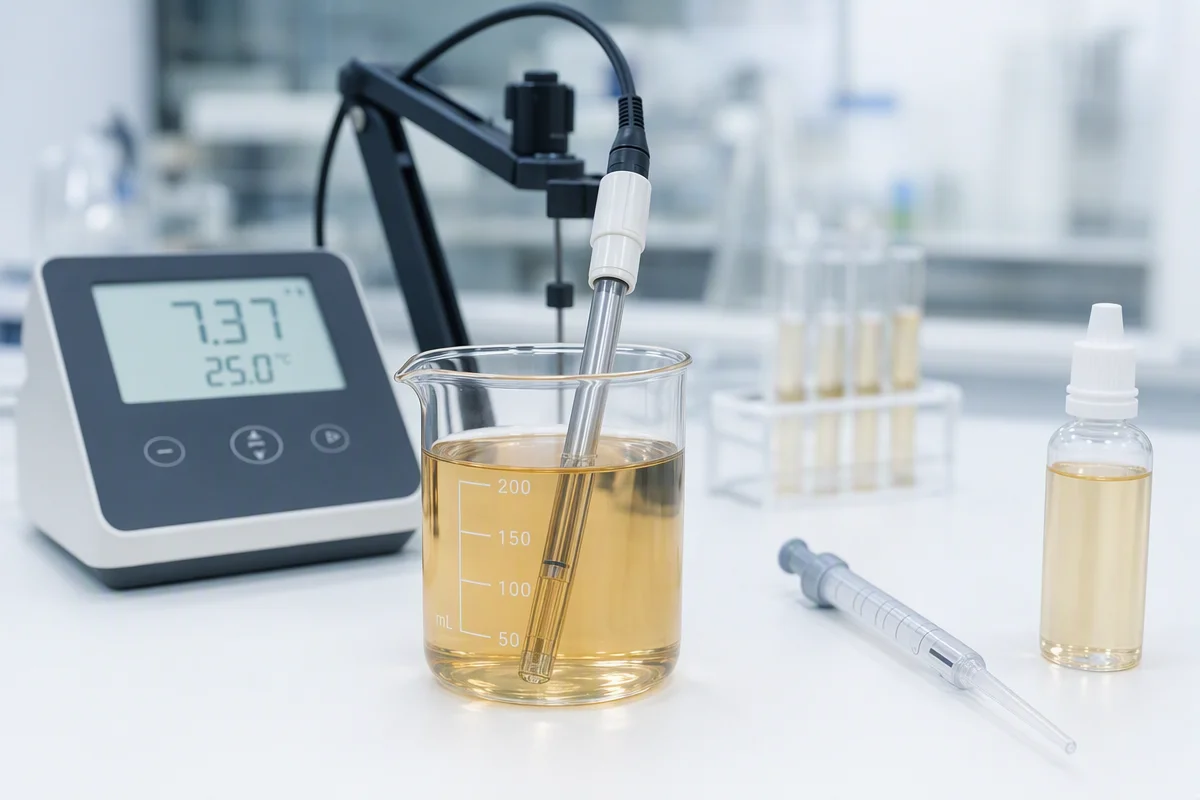 A laboratory beaker with a pH probe, illustrating coolant fluid analysis