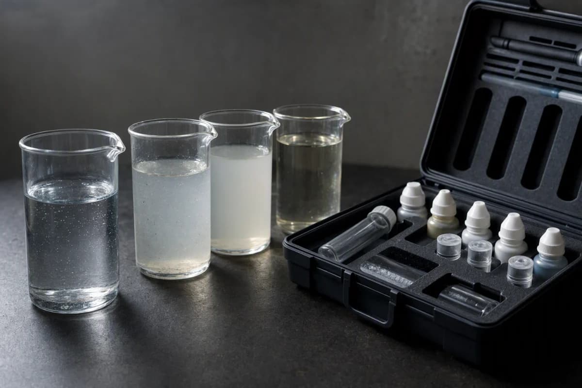 Laboratory beakers of clear and cloudy water beside a water-quality test kit on a dark bench