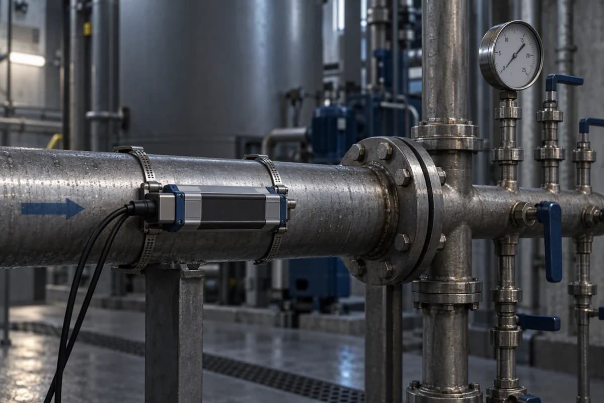 A flow meter and pipe manifold on an industrial coolant circulation loop