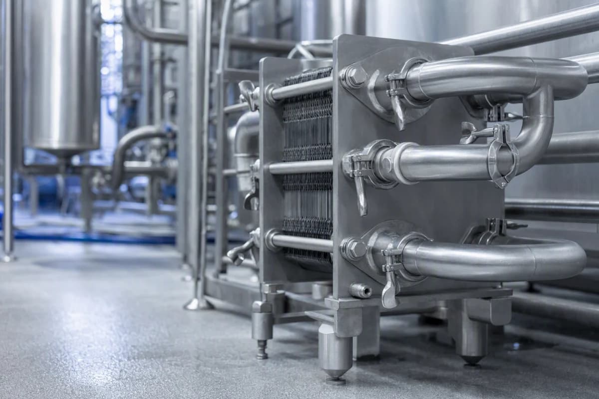 Stainless steel pipework and a plate heat exchanger in a food processing plant