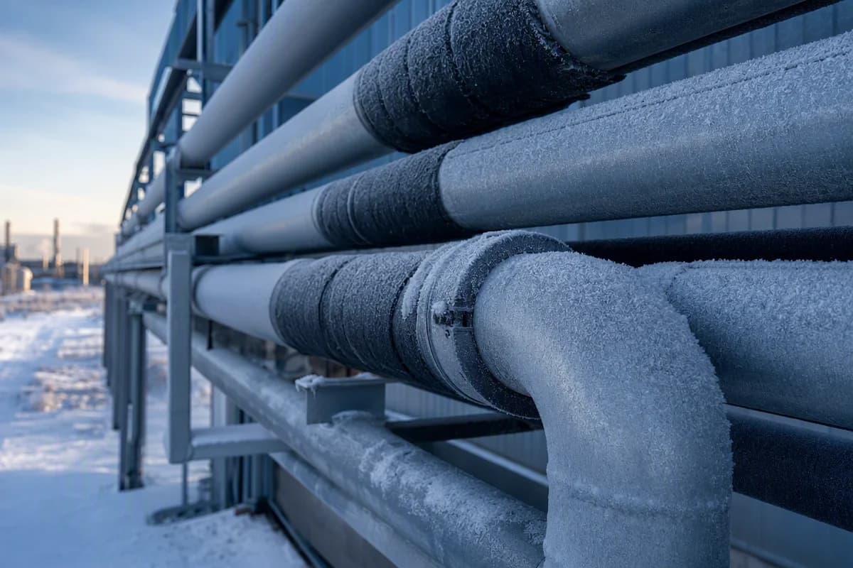 Frosted industrial pipework in winter conditions, suggesting freeze-protection requirements