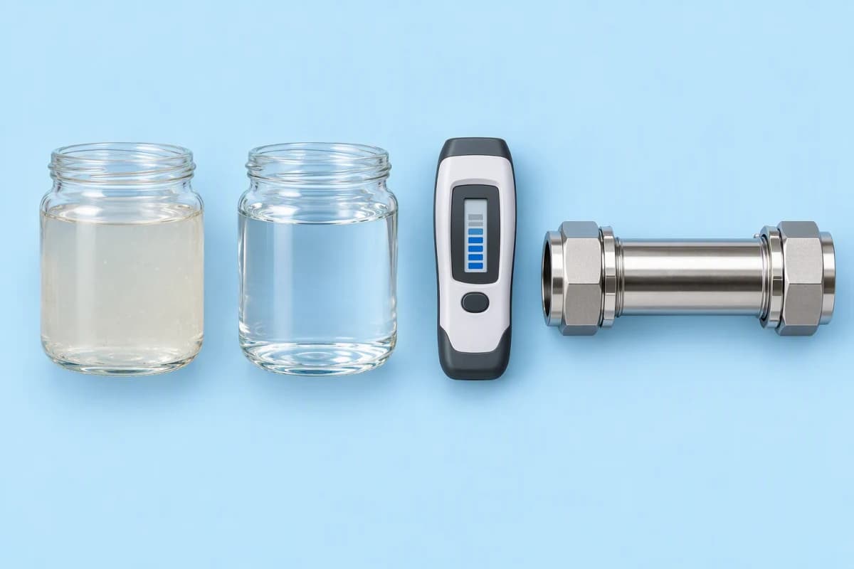 Overhead flat-lay of water sample jars, a conductivity meter and a section of stainless pipe on a pale surface