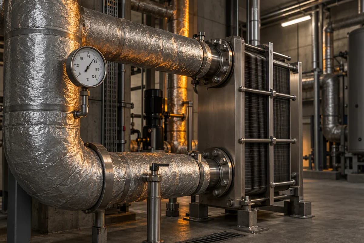 Insulated heat recovery pipework and a plate heat exchanger serving a building heating loop