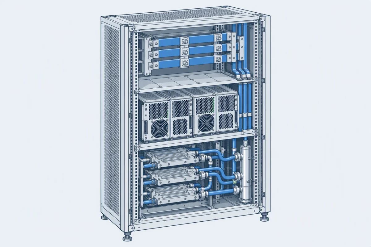 A liquid-cooled DC busbar and power shelf inside a high-density server rack