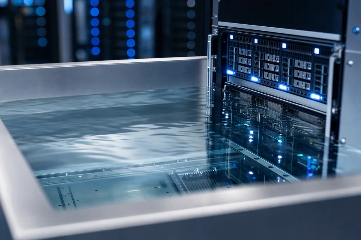 Server hardware being lowered into a dielectric immersion cooling tank