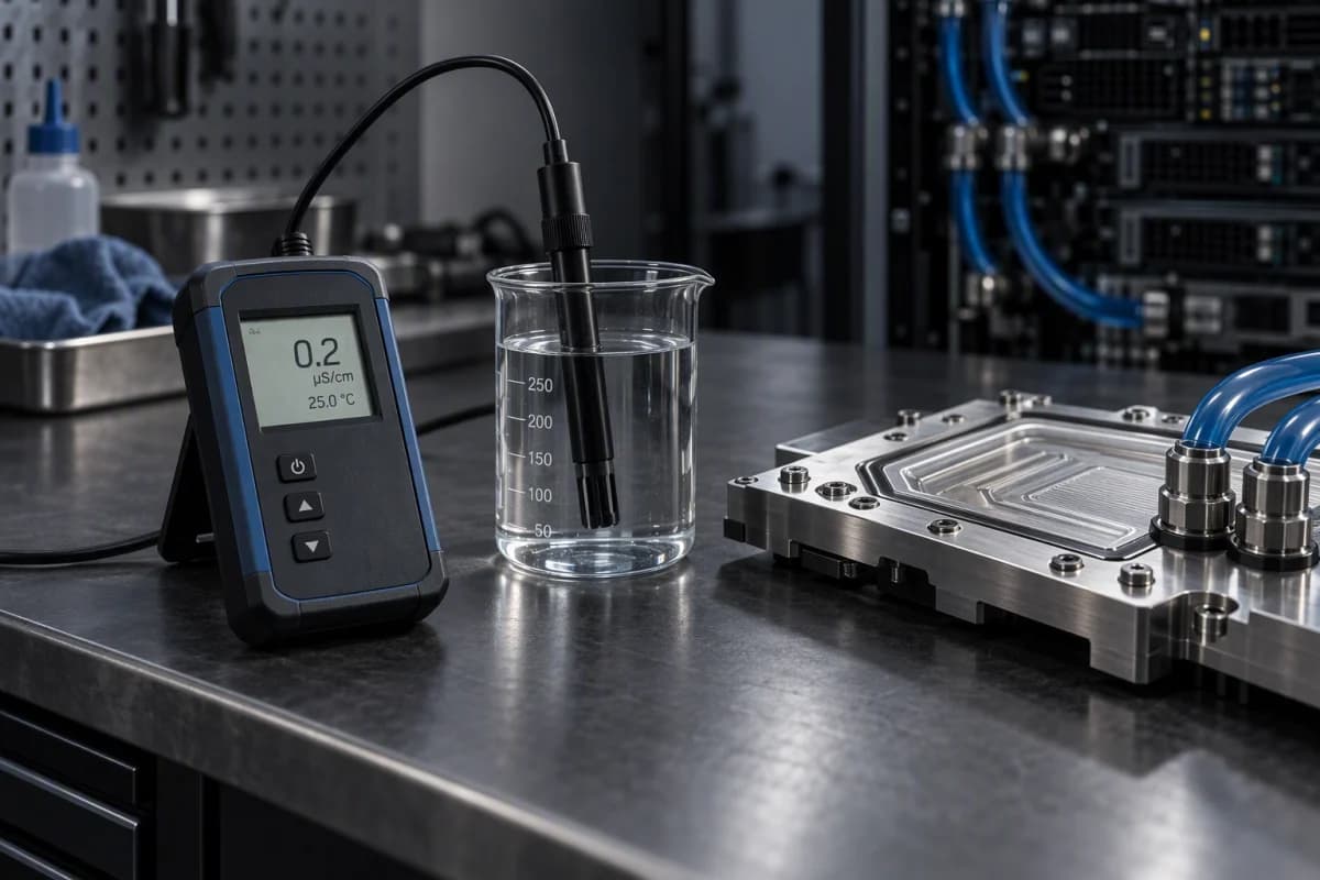 A conductivity meter probe held in a beaker of clear coolant beside server cold-plate hardware