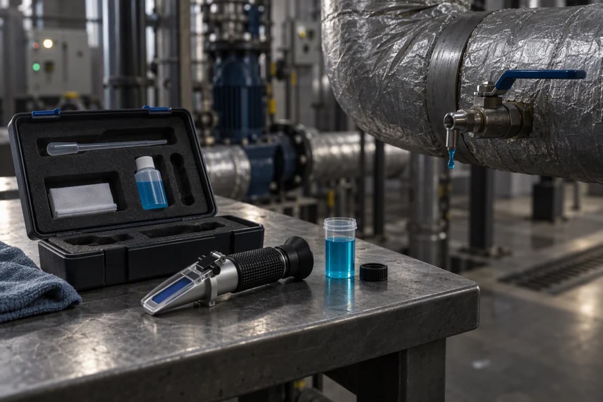 A coolant concentration test kit and a refractometer beside insulated circulation pipework