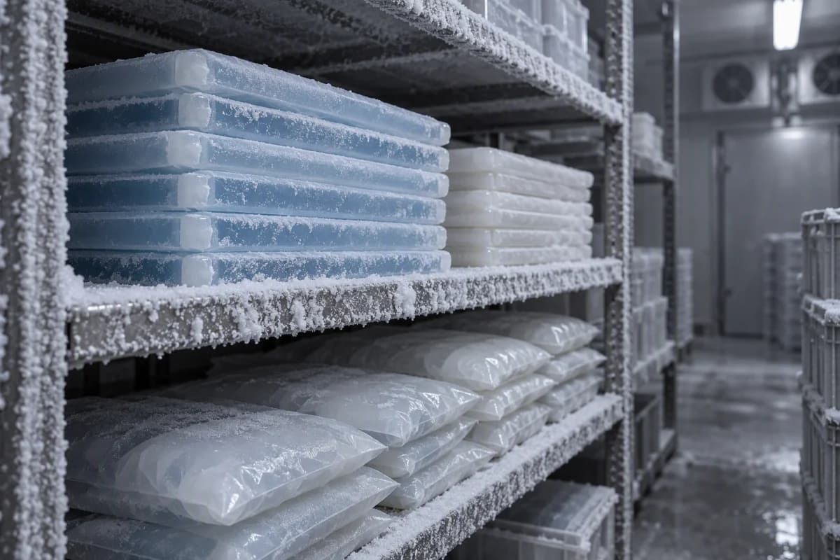 Sealed containers of phase-change material stacked in a temperature-controlled store