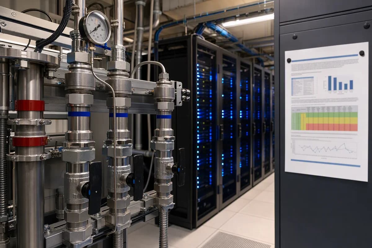 Liquid-cooled data center pipework with a regulatory document visible in the background