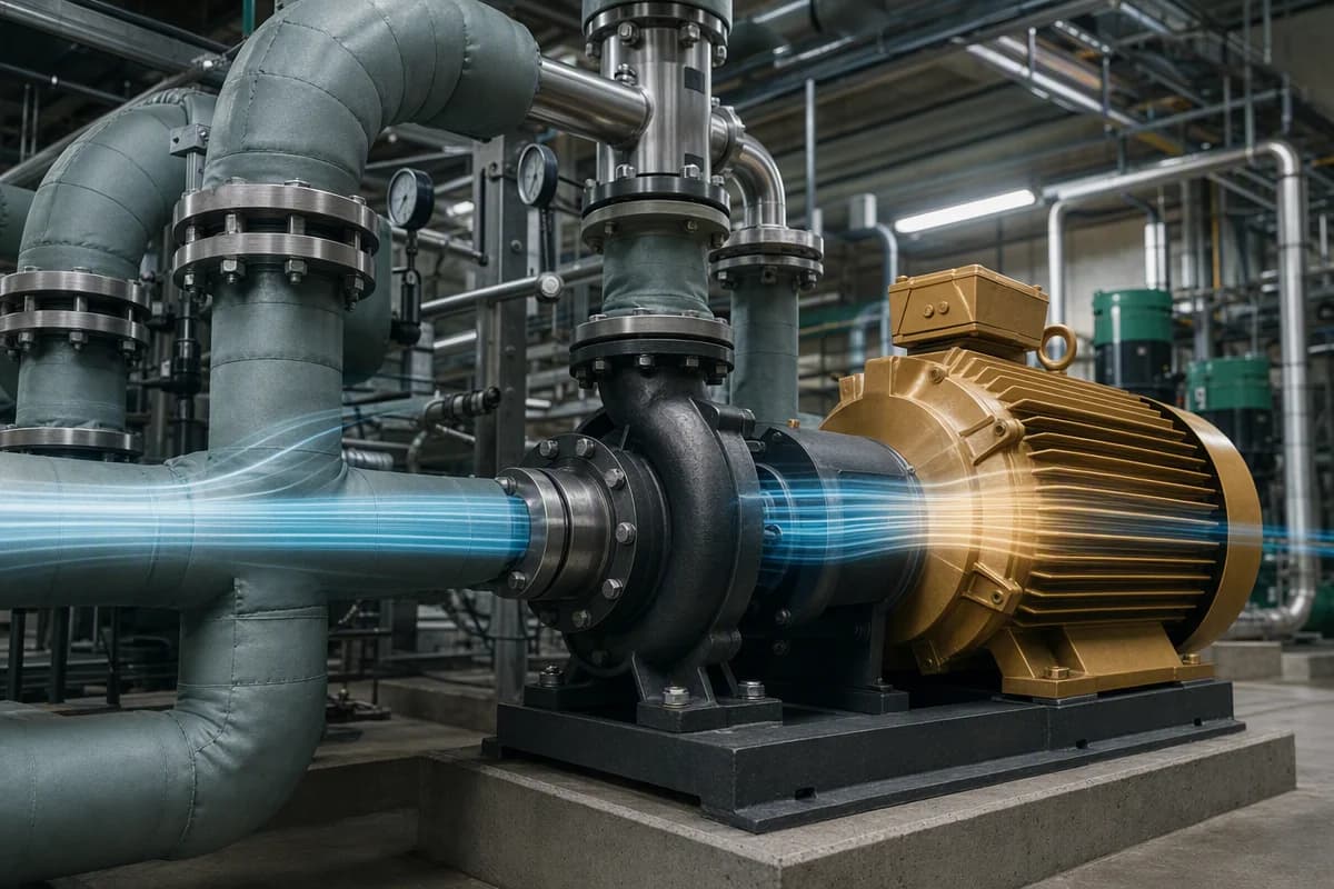 Industrial pumps and coolant pipe manifolds in a mechanical room