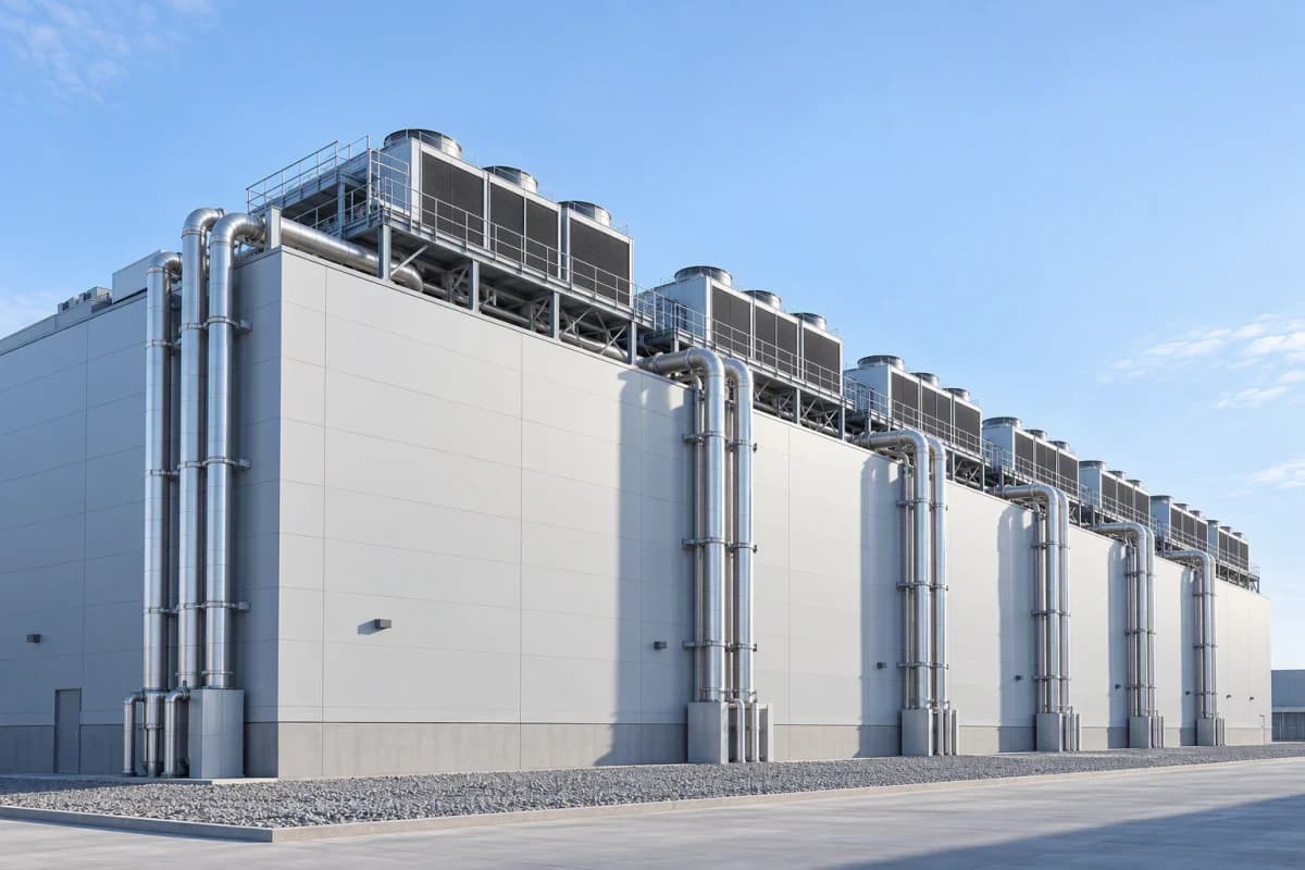 Daylight exterior view of a data centre building with rooftop dry coolers and distribution pipework