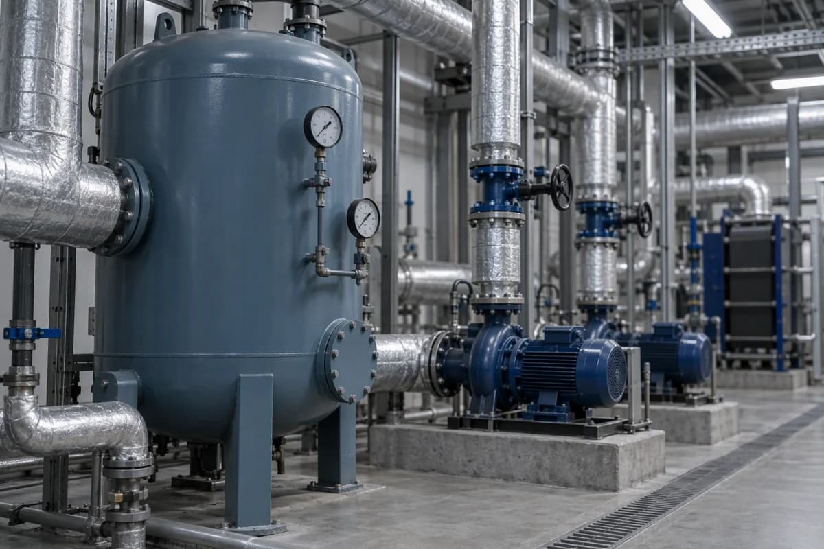 A refrigerant plant room with a pumped secondary coolant vessel and distribution pipework