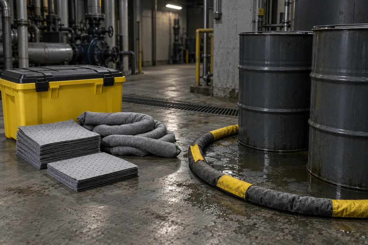 A spill kit and absorbent materials beside drums of industrial coolant in a plant room