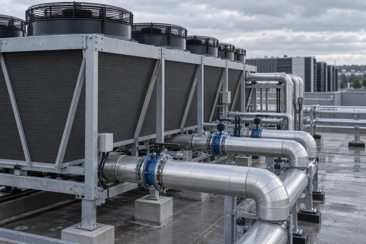 A dry cooler installation and insulated pipework serving a data centre liquid cooling loop