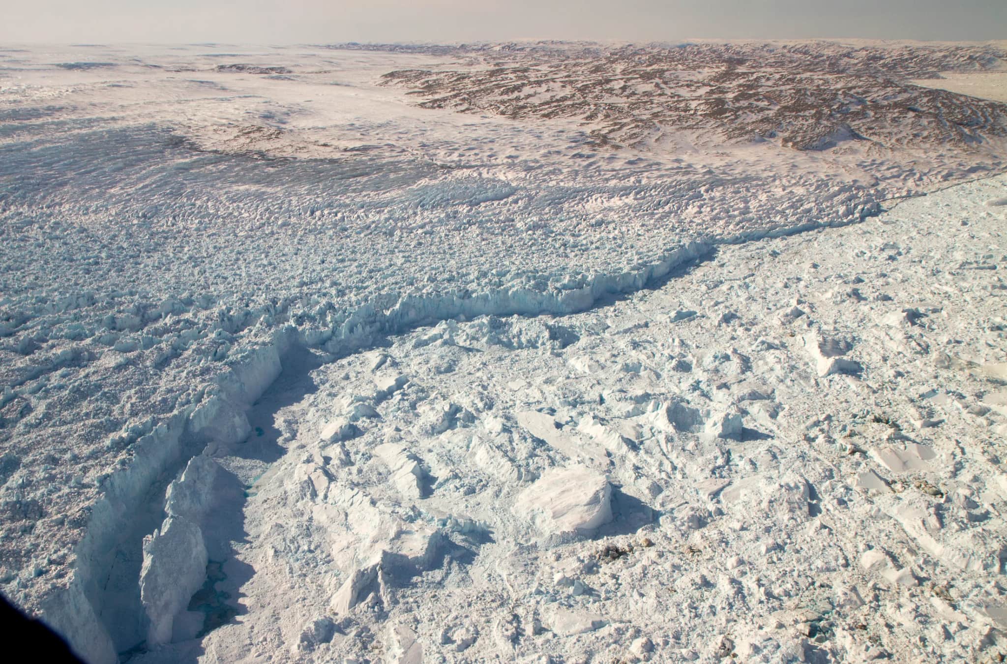 An aerial view of Greenland’s glacier ice