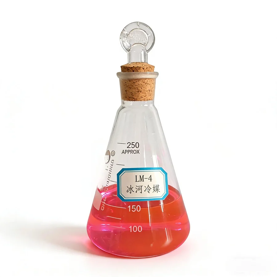 An LM-4 labelled sample flask containing red-orange coolant